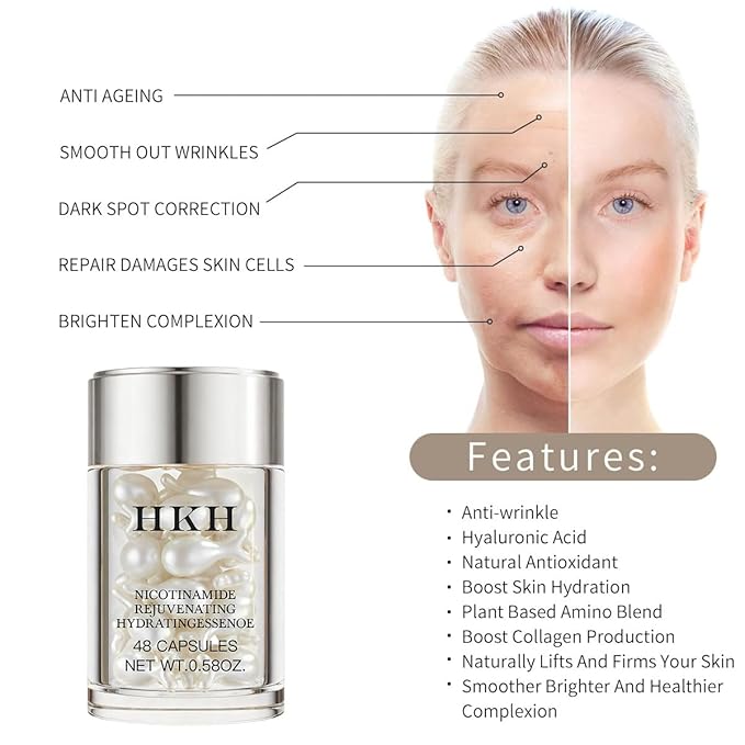 HKH Niacinamide Serum Capsules for Face – Anti Aging Dark Spot Remover Hydrating with Hyaluronic Acid & Vitamin E Reduce Wrinkles and Fine lines Smoothing and Firming Skin Care Travel Portable (48 ct)