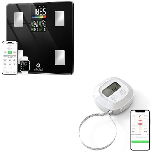 arboleaf Scale for Body Weight and Fat, High Accuracy Digital Smart Bathroom Scale, Digital Body Measuring Tape, 60in Body Tape Measure, Bluetooth Measuring Tape for Body Measurements,