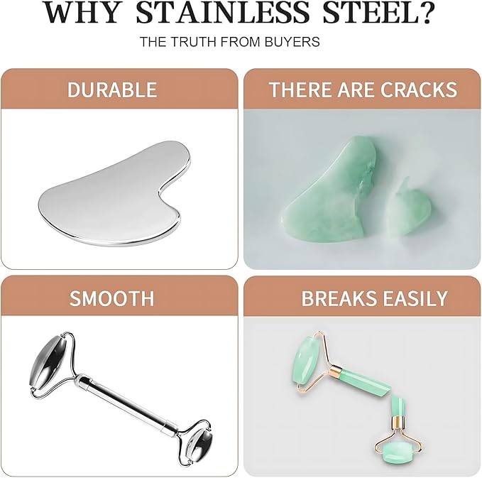 Stainless Steel Face Roller & Gua Sha Set - Anti-Aging Facial Massage Tools for Skin Tightening, Puffiness Reduction, Neck & Eye Rejuvenation - Hygienic Metal Home Skincare Tools