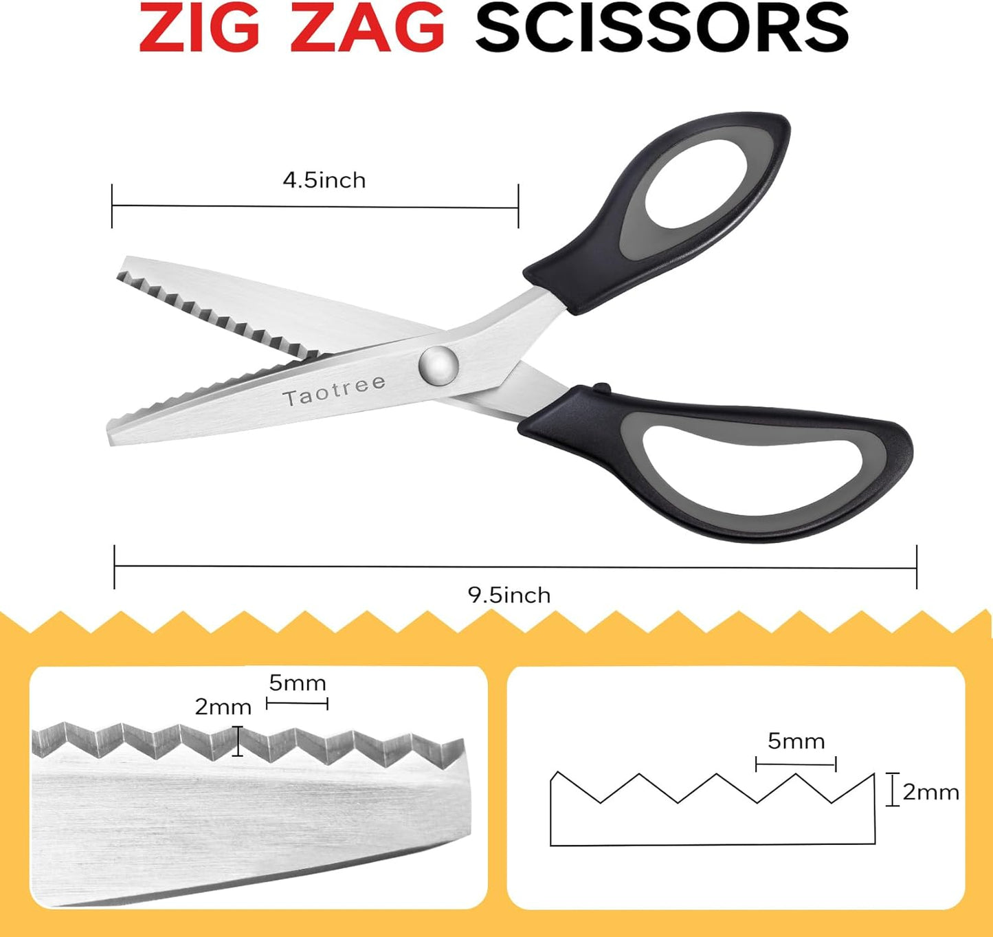 Sewing Scissors for Fabric Cutting, Taotree 9.5" Fabric Scissors Pinking Shears, Zig Zag Craft Decorative Edge, Sewing Supplies Notions Accessories for Craft Scrapbooking Supplies, Black Grey 2 Pack