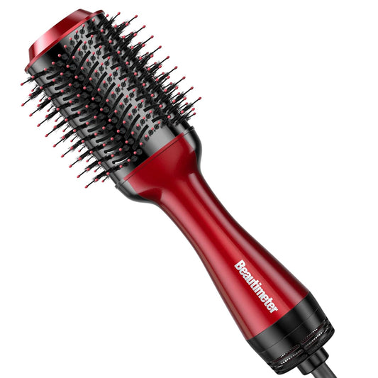 Beautimeter Blow Dryer Brush, Hot Air Brush One Step Hair Dryer and Styler Volumizer, 4 in 1 Negative Ionic Hair Styler with Oval Barrel for Smooth, Frizz-Free Hair Types, Red & Black