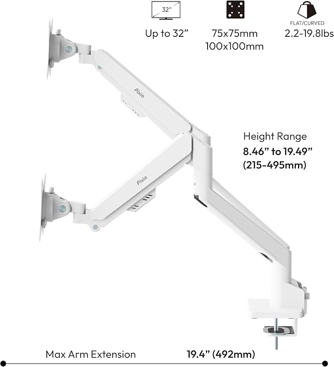 Pixio PS1D Wave White Dual Monitor Arm Stand Desk Mount