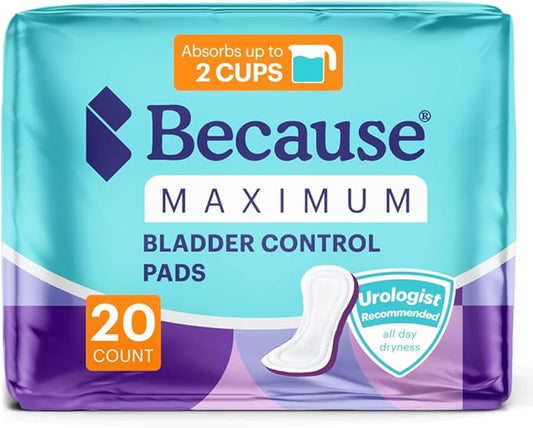 Because Incontinence Pads for Women - Maximum Absorbency, Postpartum Liners, Up to 100% Leak-Free Protection, Discreet Protection for Bladder Leaks, 20 Count