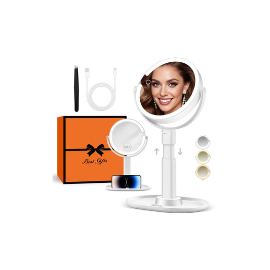 B Beauty Planet Makeup Mirror with Lights, Lighted Magnifying Mirror 30X with 3 Lighting and Adjustable Brightness, 2-Sided Height Adjustable Vanity Mirror for Bathroom, Gifts for Women White