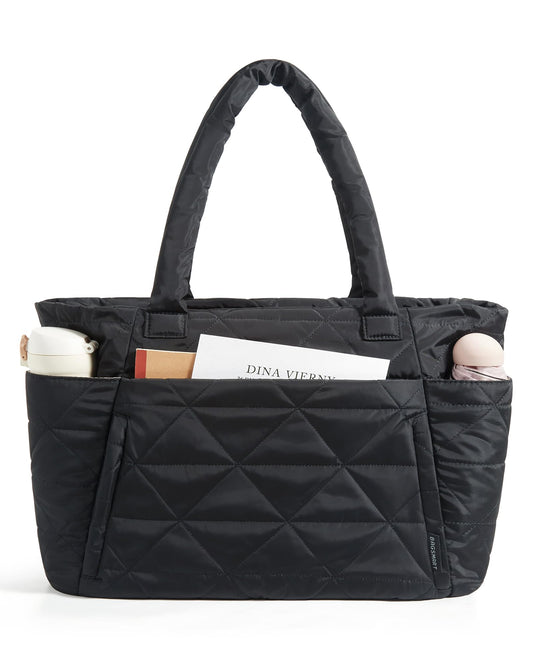 BAGSMART Tote Bag for Women, Puffy Tote Bag with Zipper, Large Quilted Shoulder Bag with Compartments for Travel, Work, Gym (Black)