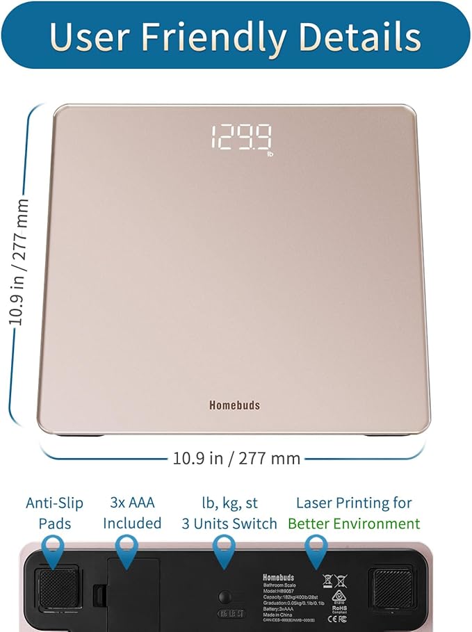 Homebuds Digital Bathroom Scale for Body Weight, High Precision Assured by Weight Scale Professional Factory Since 2001, Bright White LED and Step-On, 3*AAA Batteries Included, 400lb/180kg, Rose Gold