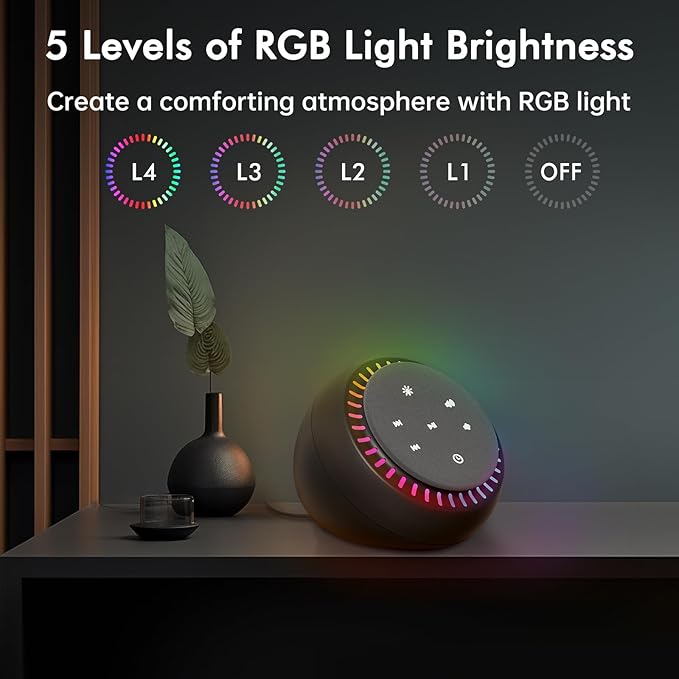 DreamSky White Noise Sound Machine with 26 Soothing Sounds & 30 Level Volume, RGB Night Light, Brown Noise for Sleeping Adults, Baby, Kids Sleep, Auto-Off Timer, USB-C Powered for Home Office Travel