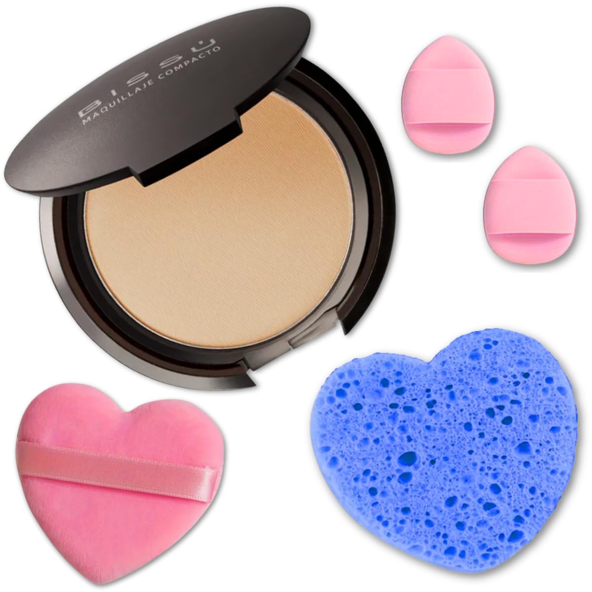 Beetbul Makeup & Exfoliation Kit - Bissú Compact Powder + 1 Medium Velvet Puff + 2 Finger Puffs + 1 Facial Exfoliating Sponge (12 Softan, One Size)