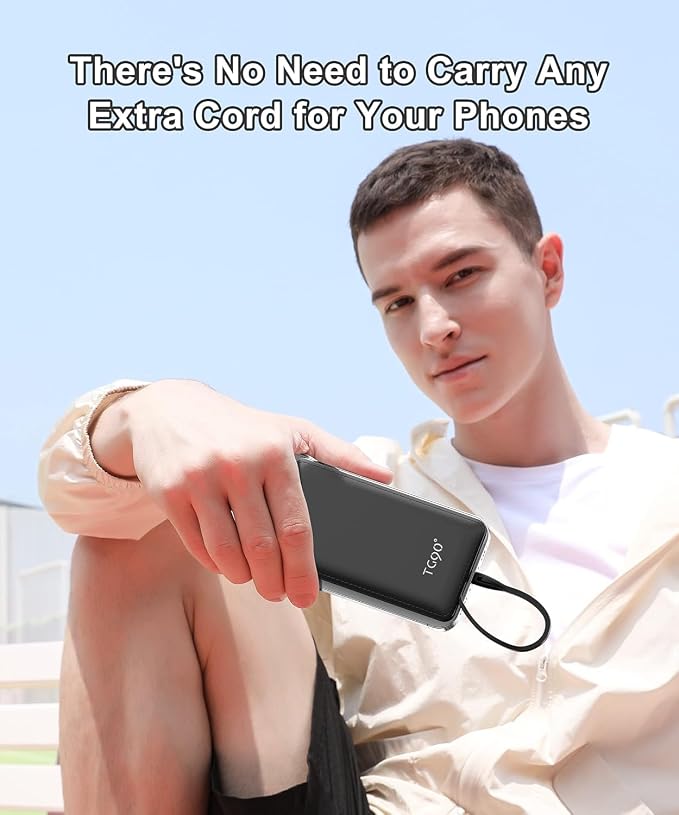 TG90° Portable Charger with Cords 10000mAh Power Bank with Built in Cables