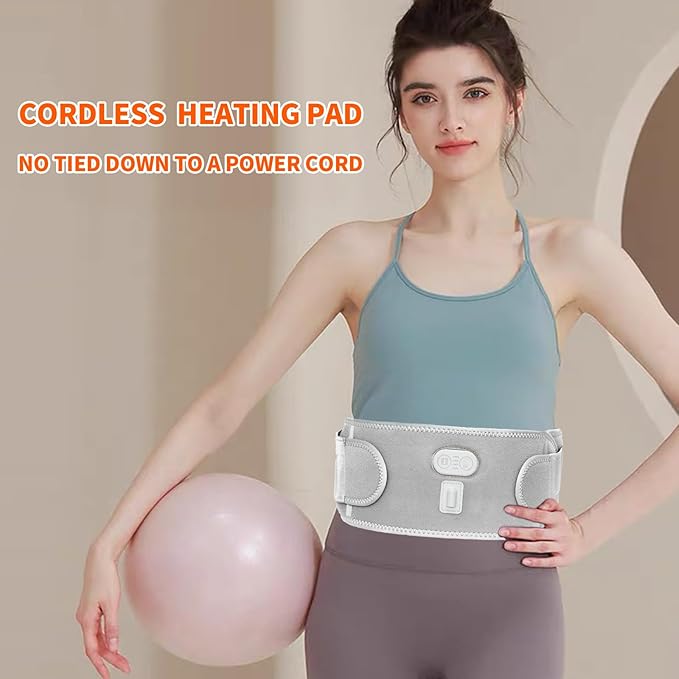 CUEHEAT Heated Waist Belt - Cordless Heating Pad for Lower Back Pain Relief, Electrical Heating and Massage, Rechargeable Battery Powered (Gray, Waistline 29-57 inch)