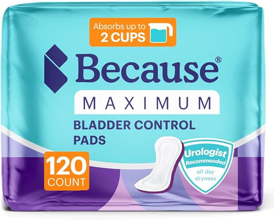 Because Incontinence Pads for Women - Maximum Absorbency, Postpartum Liners, Up to 100% Leak-Free Protection, Discreet Protection for Bladder Leaks, 6 Packs of 20 Count (120 Total)