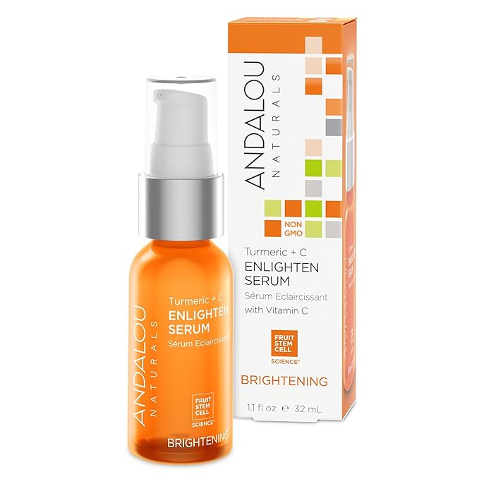 Andalou Naturals Turmeric + C Enlighten Serum, Skin Smoothing Serum with Vitamin C & Turmeric, Anti Aging Skin Care, Diminish Sun Damage and Refine Skin, 1.1 Fl Oz