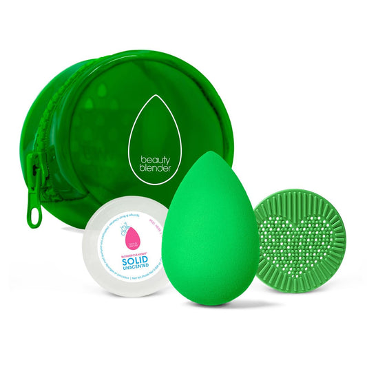 Beautyblender® | Besties Bio Pure Blend & Cleanse 4-Piece Starter Set, Bio Pure Makeup Sponge + Solid Unscented Cleanser .558 oz + Silicone Scrub Mat + Travel Case, Made in USA, Vegan, Sustainable