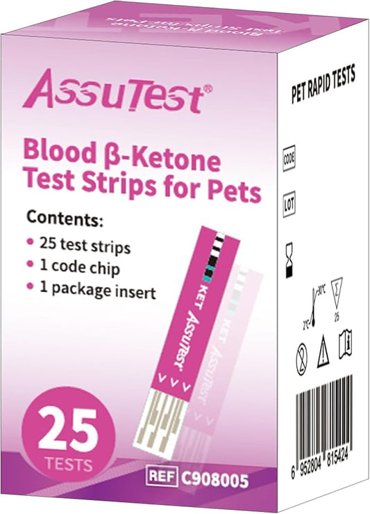 AssuTest® Blood Ketone Test Strips for Pets β-Ketone Farm Testing - Accurate, Easy-to-use Ketosis Detection Tool for Cows Cats and Dogs, Home Veterinary Supplies - 25 Pcs/Box with 25 Lancets