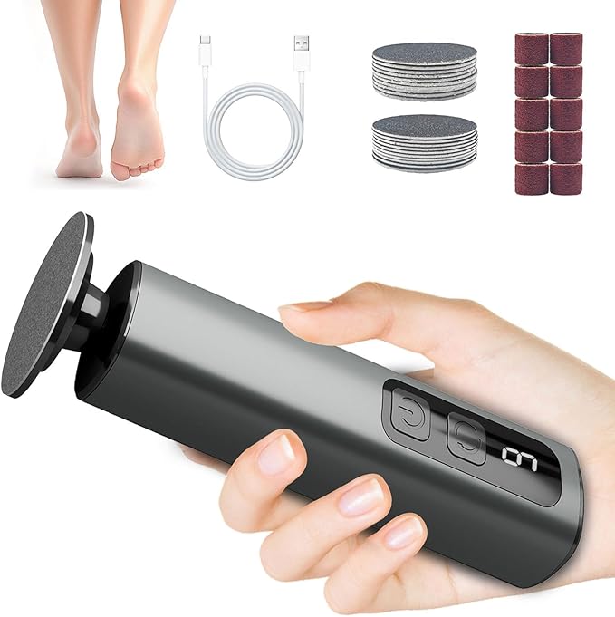Electric Foot Callus Remover - 9-Speed Rechargeable Pedicure Tool with 20pcs 80/120 Grit Sandpapers +10 Grinding Heads | Aluminum Body & Type-C Charging (Black)