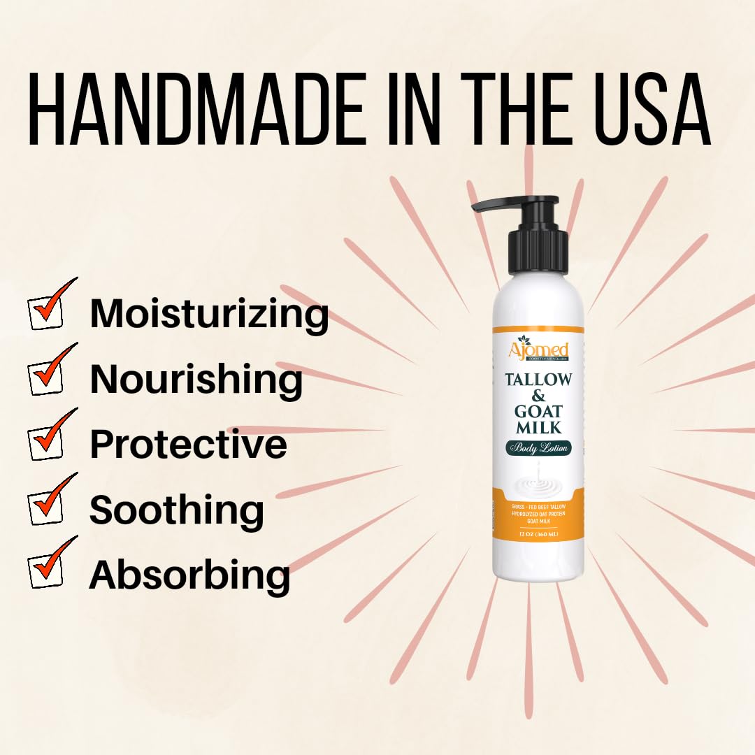 Grass Fed Beef Tallow & Goat Milk Body Lotion for Sensitive Skin, Organic Tallow Lotion - Soothes Dry Patches, dry skin eczema Moisturizer - Handmade Tallow Body Lotion (Sandalwood Vanilla, 12 Oz)