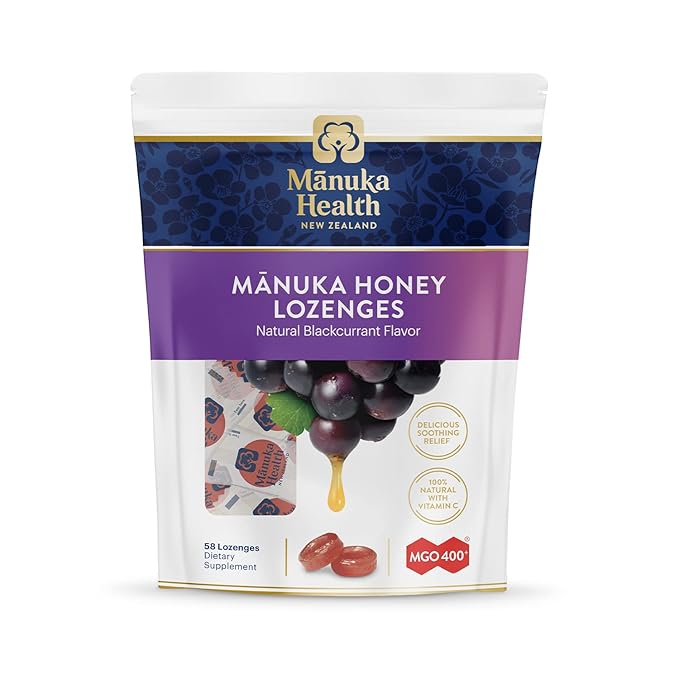 Manuka Health, MGO 400+ Manuka Honey Lozenges with Blackcurrant, 58 lozenges, 8.8 oz, 100% Natural with Vitamin C