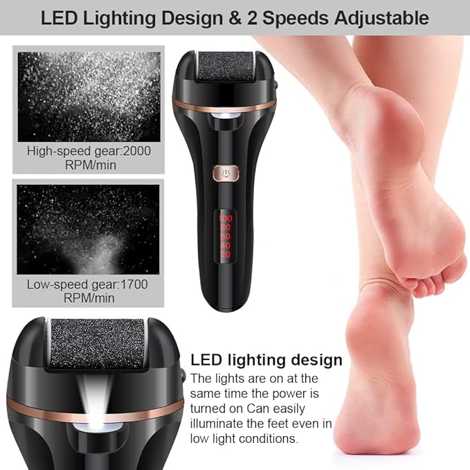 Electric Foot File Callus Remover, Rechargeable Pedicure Tools Foot Care Kit, Callus Remover for Feet with 3 Roller Heads,2 Speed for Remove Cracked Heels Calluses and Hard Skin