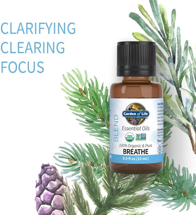Garden of Life Essential Oils, 100% Organic & Pure Rosemary, Black Spruce & Fir Balsam Essential Oil - Breathe Blend for Diffusers, Home, Skin & Body Care, Clarifying, Clearing, Focusing, 0.5 fl oz