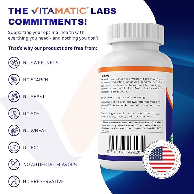 Vitamatic Niacinamide 500 mg 240 Tablets - Flush Free Vitamin B3 - Supports Energy Production