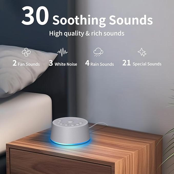 Sleep White Noise Sound Machines 32-Level Volume 30 Sounds 12 Colors Light 5 Timers Adjustable Light Brightness Compact for Everyone Travel Gift Memory Function