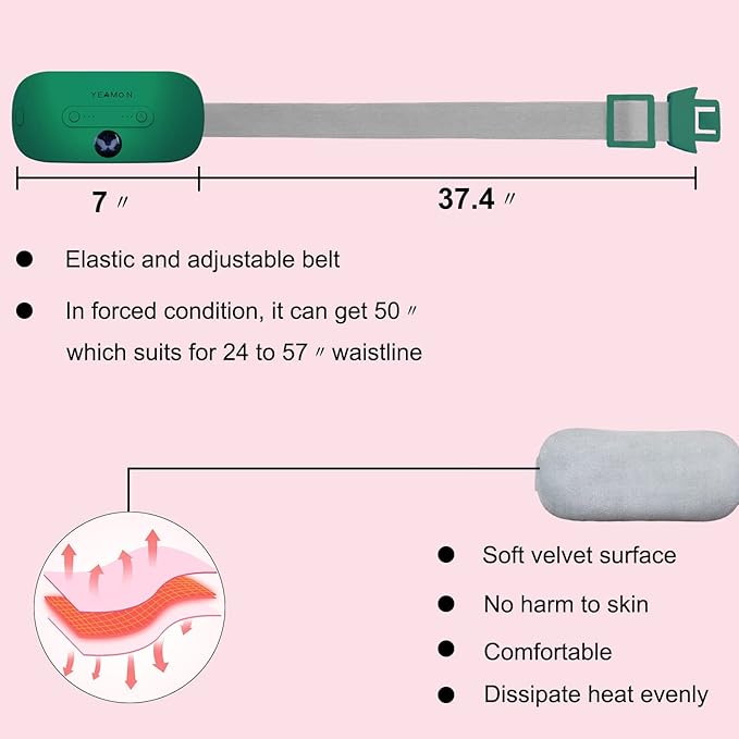 Yeamon Portable Cordless Heating Pad, Electric Waist Belt Device, 3 Heat Levels, 3 Vibration Massage Modes, Back or Belly Heating Pad for Women and Girls (Green)