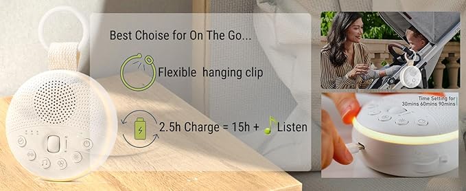 White Noise Machine for Baby & Adults with 21 Relaxing Sounds & Adjustable Night Light, Rechargeable & Portable Sleep Aid for Home & Travel