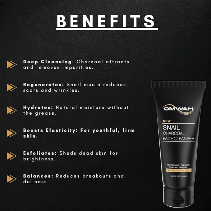 OMWAH Advanced Snail Mucin Gel Face Cleanser Infused with Activated Charcoal | Rich Daily Deep Cleansing Gel (3.5 OZ)