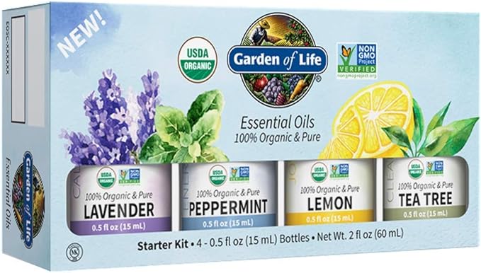Garden of Life Essential Oils Starter Pack Lavender, Peppermint, Lemon, Tea Tree, 100% USDA Organic & Pure, Non-GMO, for Diffuser, Aromatherapy, 2 Fl Oz