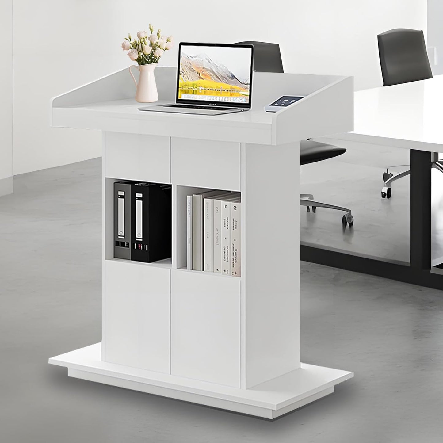 Solid Wooden Podium Stand Podiums for Classroom Lectern Podium Stand Wood Church Pulpit with 3 Levels of Storage and Heightened Baffles (White, 39.4in)