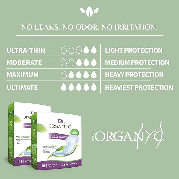 Organyc - 100% Organic Cotton Inside and Out Incontinence Pads for Bladder Leaks - Certified Odor Control, FSA/HSA Eligible, Moderate Flow, Regular Absorbency, 20 Count…