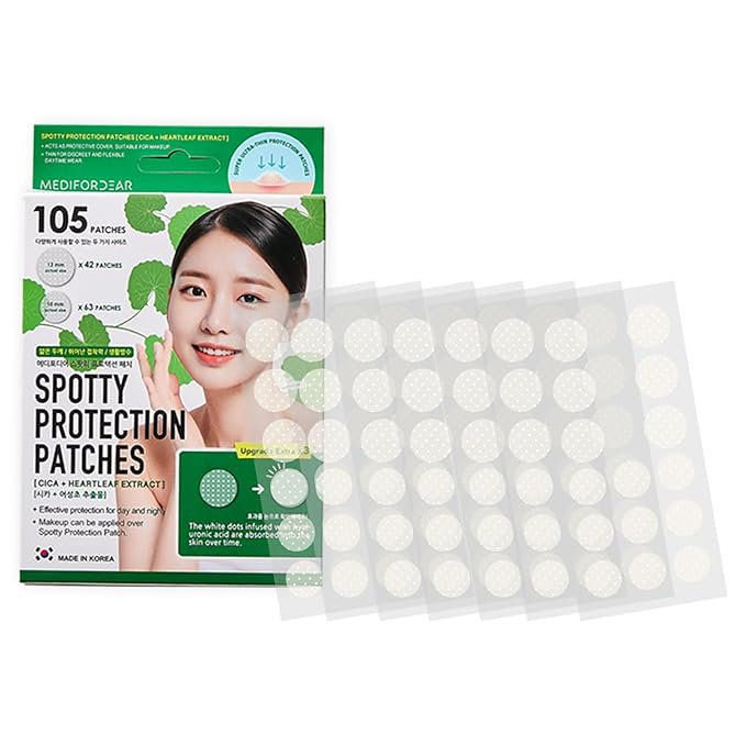 Medifordear Spotty Calming Patches with Cica and Heartleaf Extract Acne Patch Treatment for Breakouts, Absorbs Zits & Blemish, Korean Skin Care, 2 Sizes 12mm x 42 Patches, 10 mm x 63 Patches