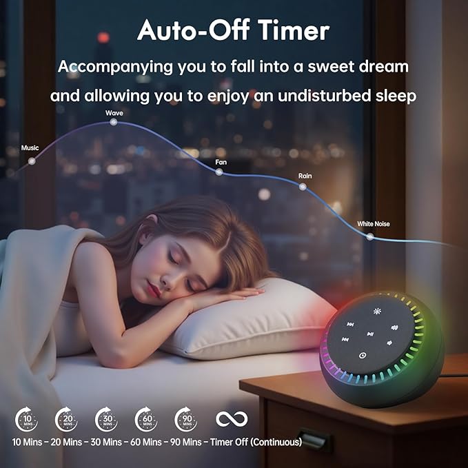 DreamSky White Noise Sound Machine with 26 Soothing Sounds & 30 Level Volume, RGB Night Light, Brown Noise for Sleeping Adults, Baby, Kids Sleep, Auto-Off Timer, USB-C Powered for Home Office Travel