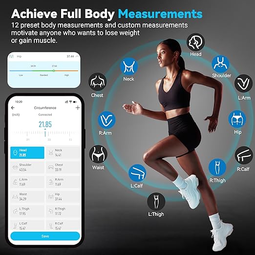 ABLEGRID Digital Smart Bathroom Scale for Body Weight and Fat Percentage and Smart Body Tape Measure Rechargeable with Fitdays APP