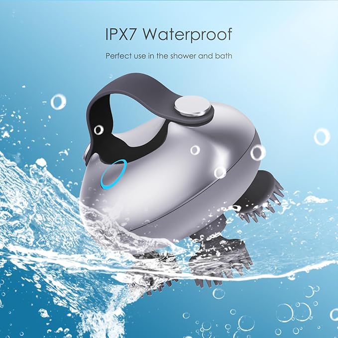 Electric Scalp Massager Hair Growth, IPX7 Waterproof Rechargeable Head Massager Scalp Stress Relax, Portable Handheld Hair Scalp Massager with 8 Removable Massage Claws(Silver)