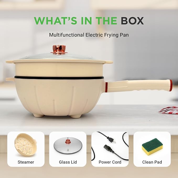 Nutrichef 4L Electric Frying Pan & 4L Steamer | Multifunctional Portable 1000W Non-Stick Pot for Cooking | Durable Heat Safe Handle | Touch Control Panel | Electric Hot Pot | White