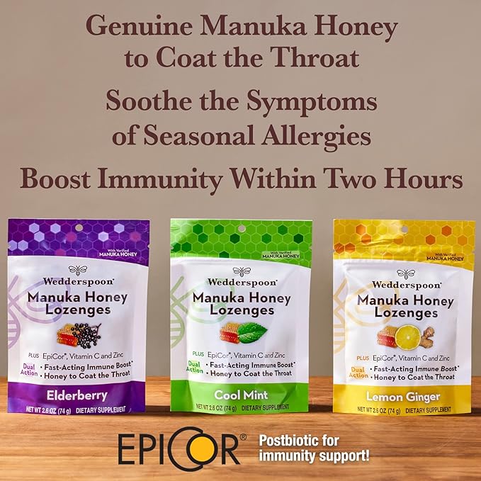 Wedderspoon Manuka Honey Immunity Lozenges, Cool Mint, 2.6 Oz (Pack of 1), Genuine New Zealand Honey, Boost Immunity Within Two Hours