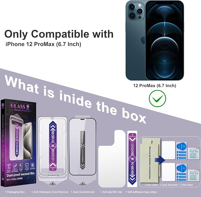 2 Pack Screen Protector for iPhone 12 Pro Max, 9H Tempered Glass, Full Coverage
