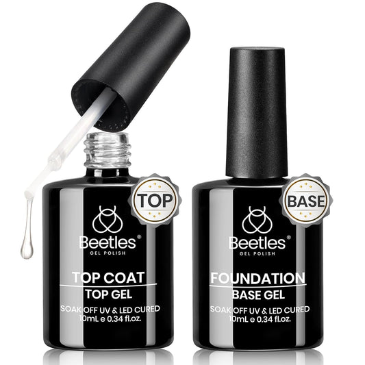 Beetles Gel Base and Top Coat Set, 2pcs 10ml Shine Finish and Long Lasting Top Coat Gel Nail Polish, Soak Off LED Nail Lamp Nail Polish Art Design Home DIY Manicure Gifts for Women