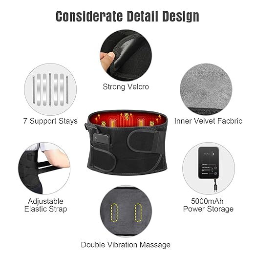Heated Back Brace with Massage, Rechargeable Heating Pad for Back Pain Relief, Adjustable Back Support Belt with Heat Therapy and Vibration Massager for Men and Women, XL