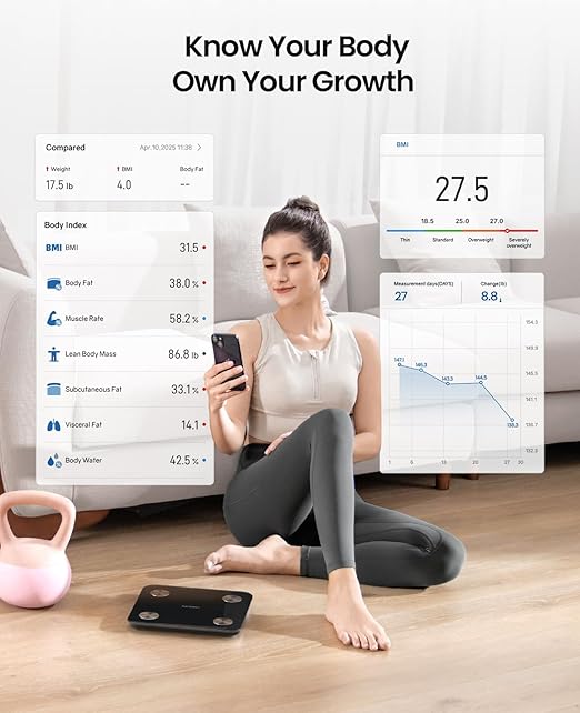 Scale for Body Weight, Digital Smart Bathroom Weight Scale with BMI, Body Fat, Muscle Mass, Accurate 20 Body Composition Scale, 10.2" Compact Scale with APP, 400lb, Black