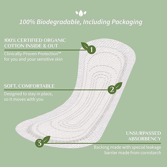 Organyc 100% Certified Organic Cotton Everyday Panty Liner - Flat, Light Flow, Light Plus, 24 Count (Pack of 6)