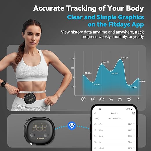 ABLEGRID Digital Smart Bathroom Scale for Body Weight and Fat Percentage and Smart Body Tape Measure Rechargeable with Fitdays APP