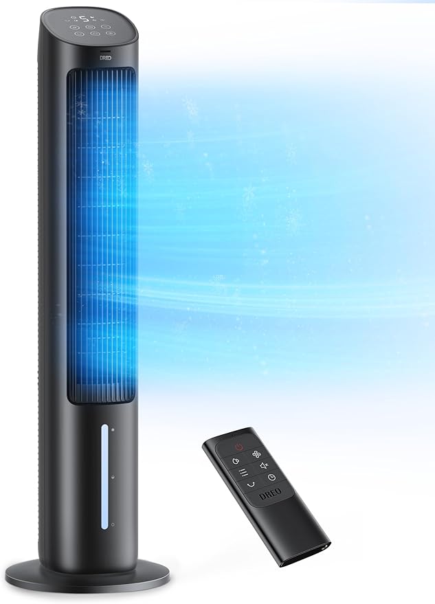 Dreo Tower Fan for Bedroom, 40" Evaporative Air Cooler, Cooling Fans That Blow Cold Air with 80° Oscillating, Removable Water Tank, 3 Modes 4-Speed, Remote Control, Quiet Floor Fan, 7H Timer，Black
