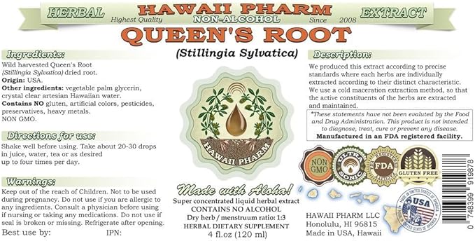 Queen's Root Alcohol-Free Liquid Extract, Queen's Root (Stillingia Sylvatica) Dried Root Glycerite Natural Herbal Supplement, Hawaii Pharm, USA 2x32 fl.oz