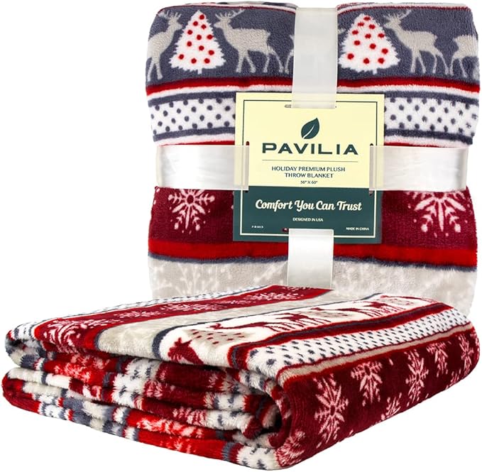 Pavilia Christmas Reindeer Snowflakes Fleece Throw Blanket | Soft, Plush, Warm Winter Cabin Throw, Twin 60x80 (Christmas Red)