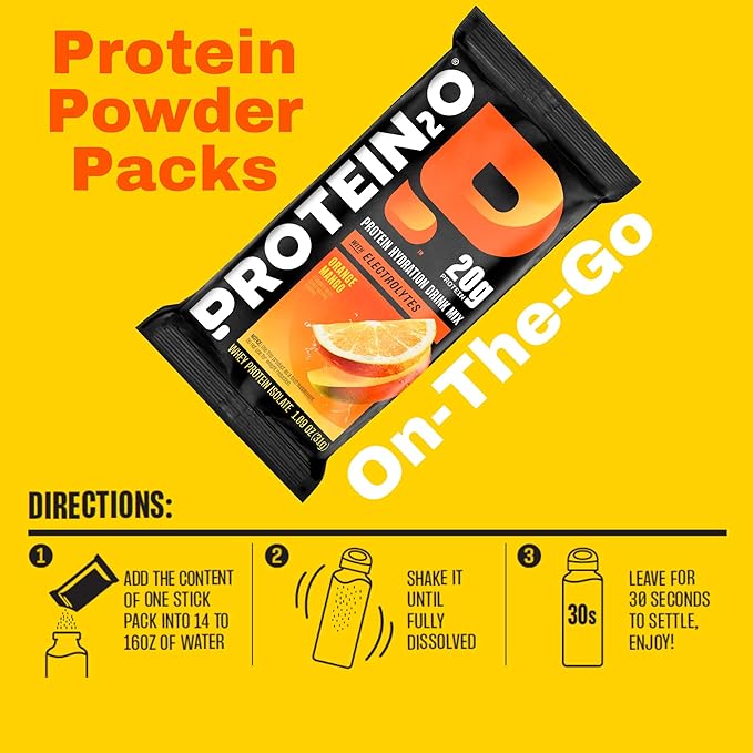 Protein2o 20g Whey Protein Isolate Clear Protein Powder, 370mg of Electrolytes, Vitamins B5 & B6, Sugar Free, Orange Mango, 8-Pack