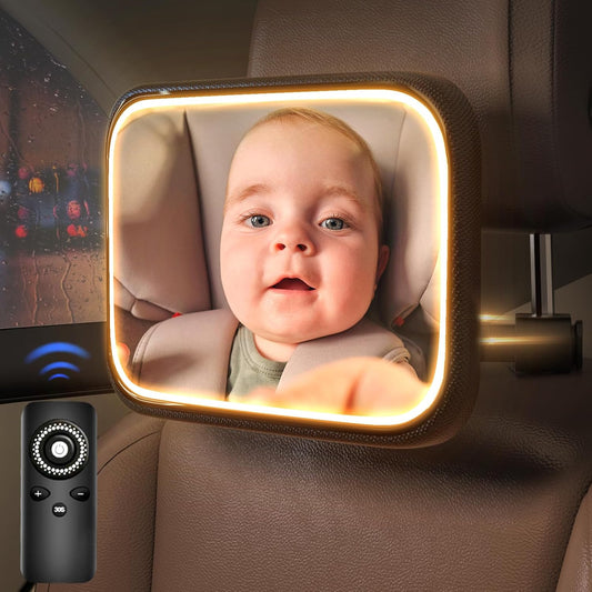 Baby Car Mirror with Light - Rechargeable Baby Mirror for Car with Remote Control, Clear Vision, 360° Rotation Rear Facing Car Seat Mirror, Shock and Shatter Resistant