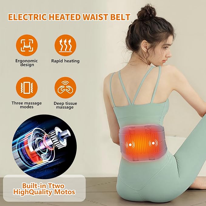 CUEHEAT Heated Waist Belt - Cordless Heating Pad for Lower Back Pain Relief, Electrical Heating and Massage, Rechargeable Battery Powered (Gray, Waistline 29-57 inch)