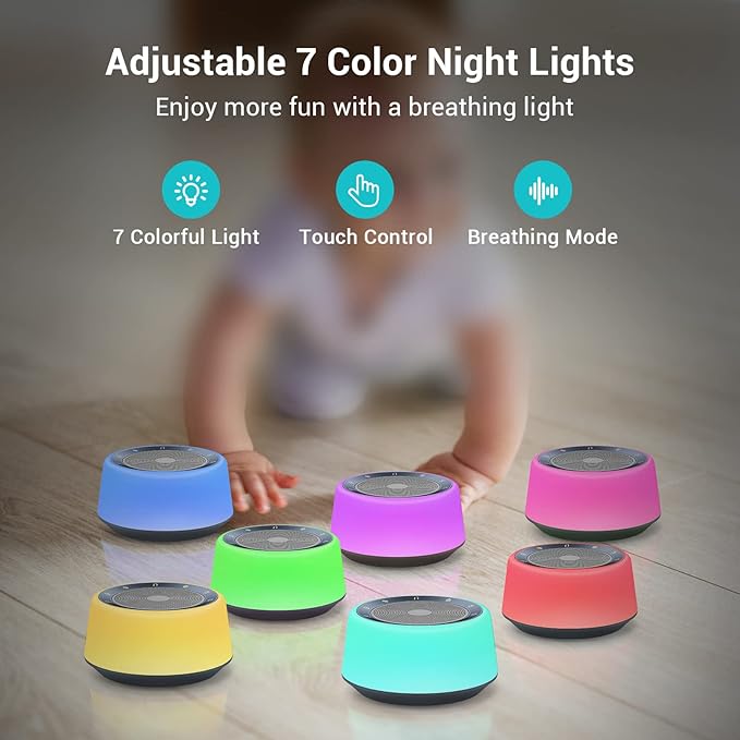 BGOVERSS White Noise Sound Machine, Baby Sound Machine Kids with 30 Soothing Sounds and 7 Colors Warm Night Light for Sleeping, 5 Timers Portable Plug in Sound Machine for Baby, Adults，Grey Color